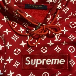 RARE Louis Vuitton Red and White Monogram Hoodie with Drawstring